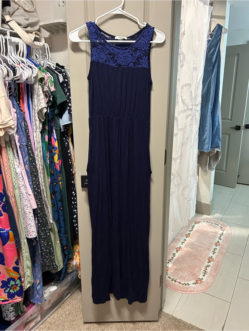Sleeveless Navy Maxi Dress with Lace Yoke